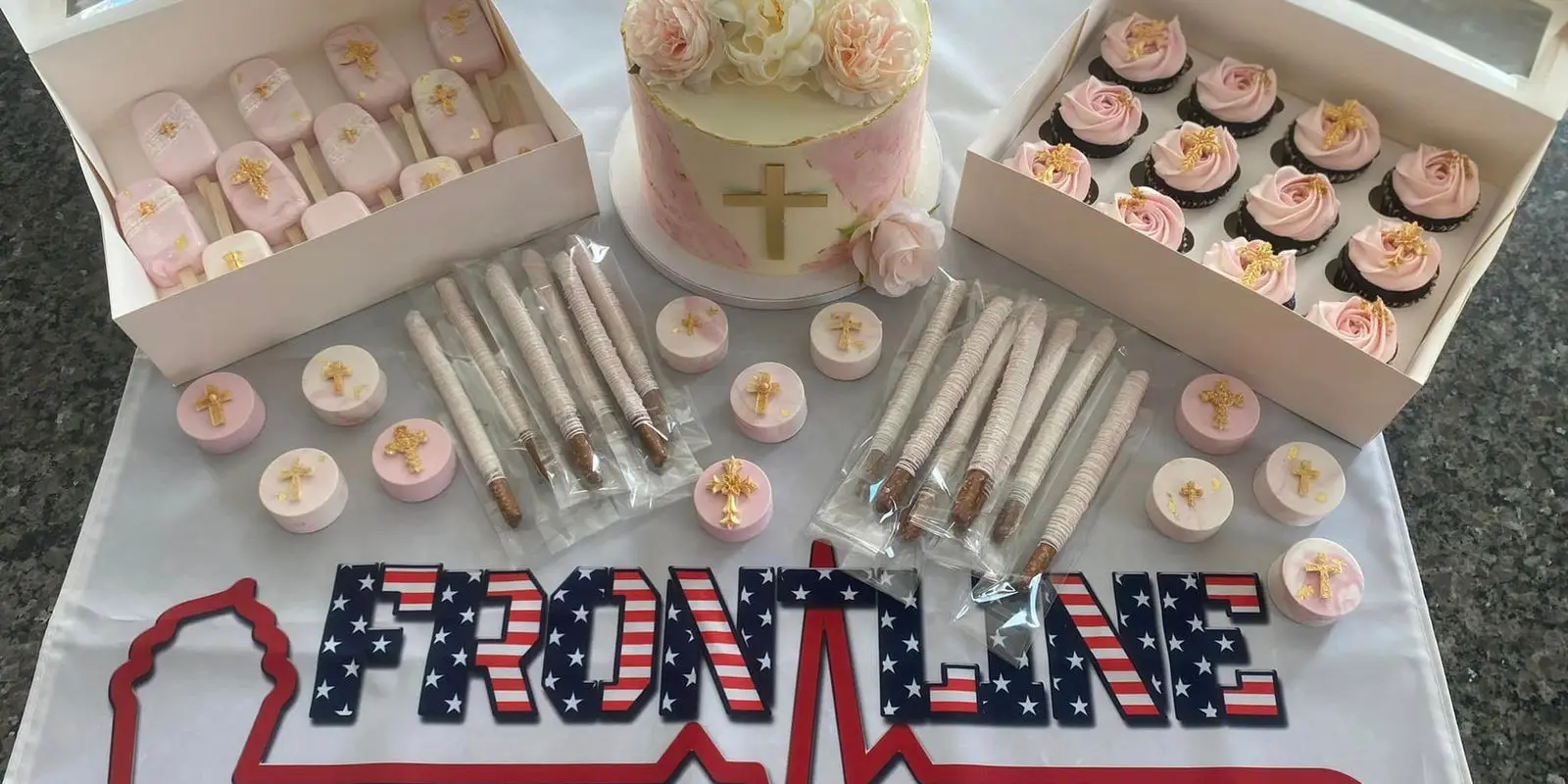 Frontline Cafe & Bakery custom cakes, cookies and cakesicles decorated with the shop's logo
