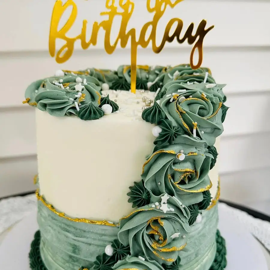 Sage green rosette birthday cake with gold topper